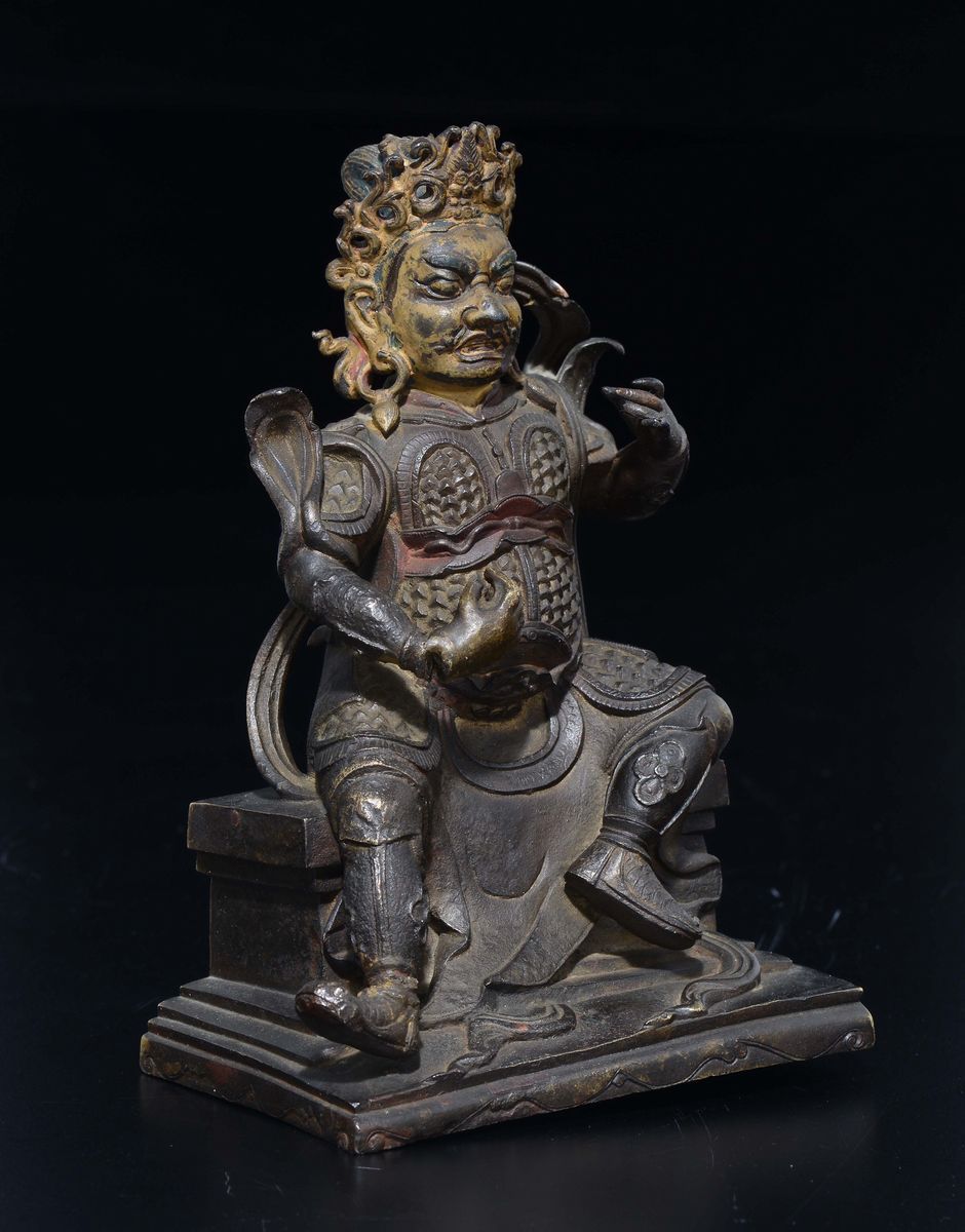 Guardiano Seduto in Bronzo con Volto Lumeggiato, Cina, Dinastia Ming, XVII Secolo