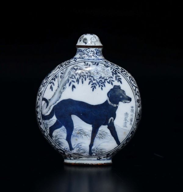 A blue and white enamel greyhound and inscriptions snuff bottle, China, Qing Dynasty, 19th century