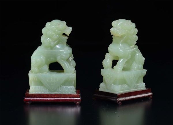 Two green jade figures of Pho dogs, China, 20th century