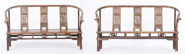 A pair of jichimu benches with openwork back, China, Qing Dynasty, 19th century
