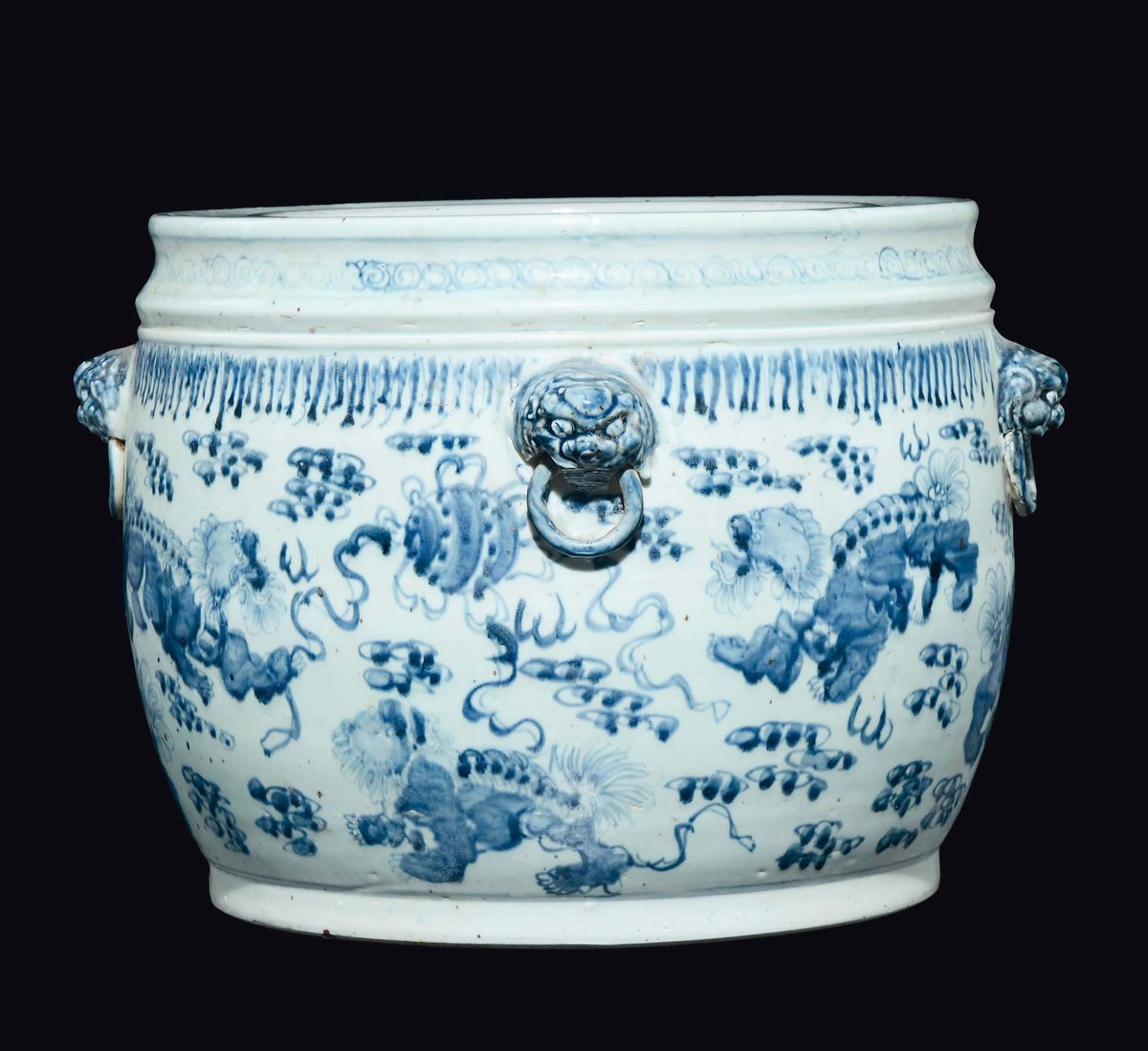 Coppia di Cachepot in Porcellana Bianca e Blu con Anse Ad Anelli, Cina, XX Secolo