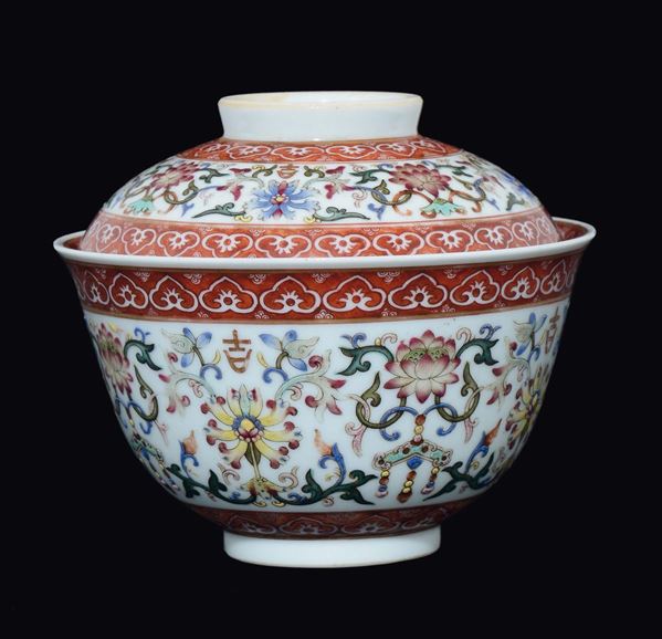 A polychrome enamelled porcelain cup and cover with lotus flowers, China, Qing Dynasty, Daoguan Mark and of the Period (1821-1850)