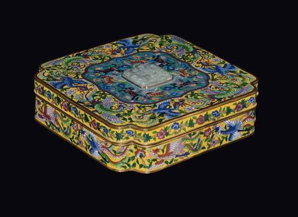 A cloisonné enamel square box and cover depicting horses, phoenicians and flowers, with a white jade plaque on the top, China, Qing Dynasty, 19th century