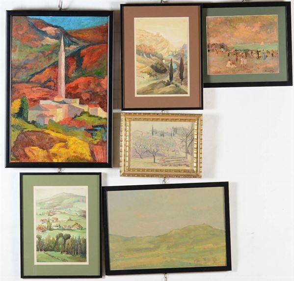 Lotto di sei dipinti raffiguranti paesaggi