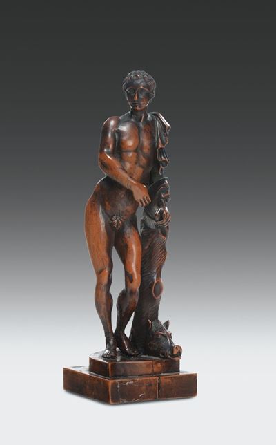 Figura di Melegro con ai Piedi la Testa del Cinghiale di Calidone in Legno di Bosso. Italia o Ger...