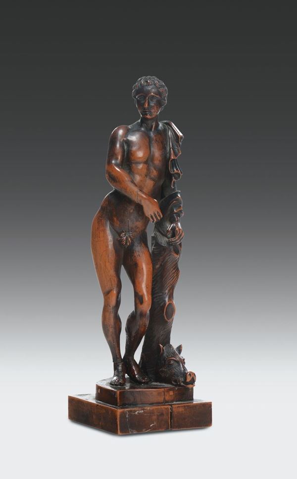 Figura di Melegro con ai piedi la testa del cinghiale di Calidone in legno di bosso. Italia o Germania XVI-XVII secolo