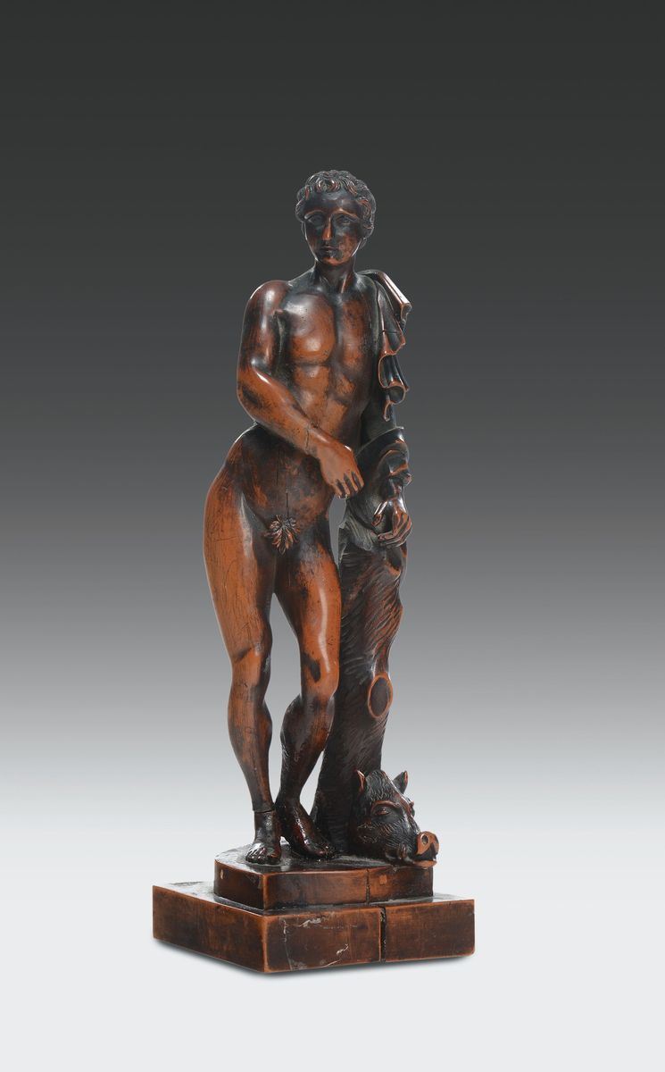Figura di Melegro con ai piedi la testa del cinghiale di Calidone in legno di bosso. Italia o Germania XVI-XVII secolo  - Asta Scultura e Oggetti d'Arte - Cambi Casa d'Aste