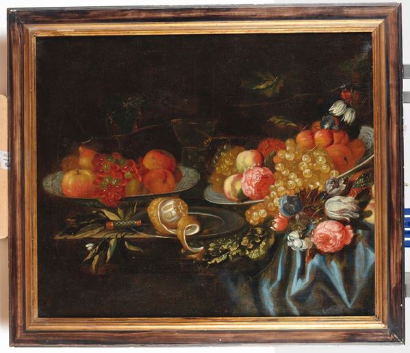 Scuola fiamminga del XVII secolo Natura morta con fiori e frutta