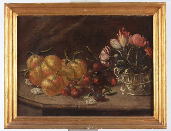 Anonimo del XIX-XX secolo Natura morta con frutti e fiori
