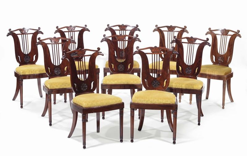 Dieci sedie a lira in mogano, Inghilterra XIX secolo  - Asta Antiquariato - Cambi Casa d'Aste