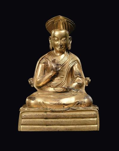 Bella Figura di Lama in Bronzo Dorato, Tibet, Fine XVII Secolo