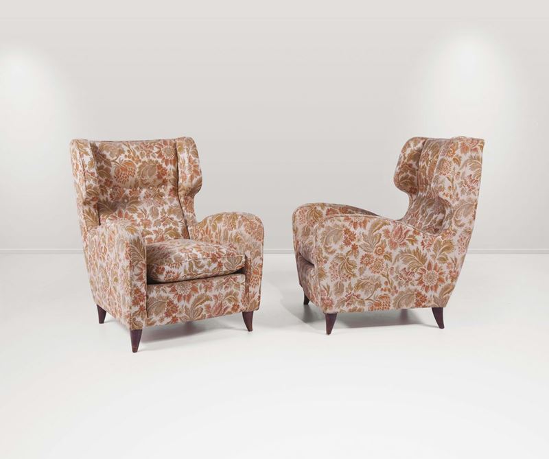 Coppia di poltrone in legno con rivestimenti in tessuto.  - Auction Design - III - Cambi Casa d'Aste