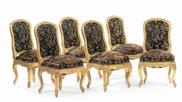 Sei sedie Luigi XV in legno intagliato e dorato, Genova XVIII secolo