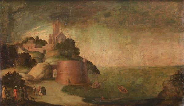 Filippo Angeli detto Filippo Napoletano - Filippo Napoletano (1589-1629), cerchia di Veduta costiera con torrione