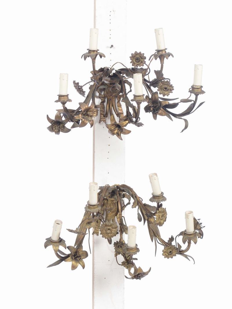 Quattro appliques in bronzo a cinque luci, XIX secolo  - Asta Antiquariato - Cambi Casa d'Aste