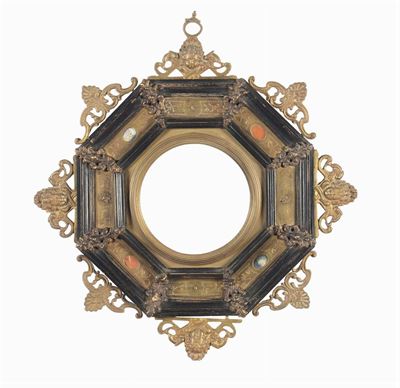 Cornice Ottagonale Bronzo, Legno e Pietre Dure, Roma XIX Secolo