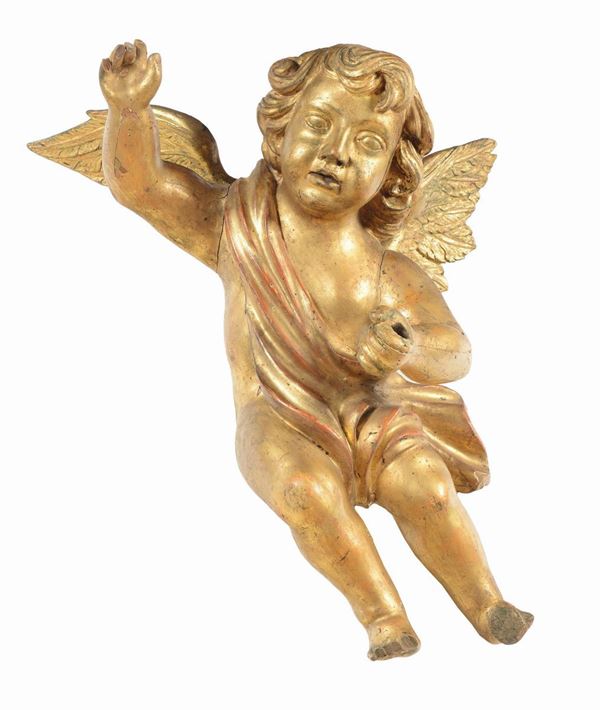 Angelo in legno intagliato ed interamente dorato, XIX secolo