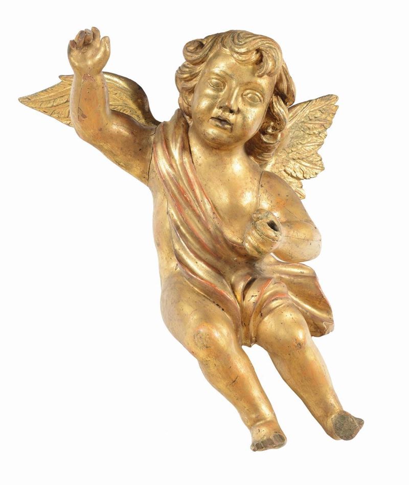 Angelo in legno intagliato ed interamente dorato, XIX secolo  - Auction Fine Art - Cambi Casa d'Aste