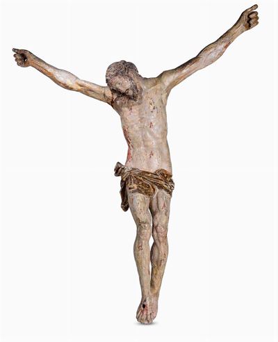 Figura di Cristo Crocifisso in Legno Policromo, Scultore Rinascimentale Attivo in Veneto nel XVI ...