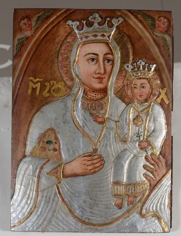 Icona in legno, Polonia prima metà XIX secolo Madre di Dio Odighitria