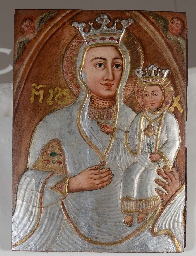 Icona in legno, Polonia prima metà XIX secolo Madre di Dio Odighitria  - Asta Asta a Tempo Pittura - Cambi Casa d'Aste