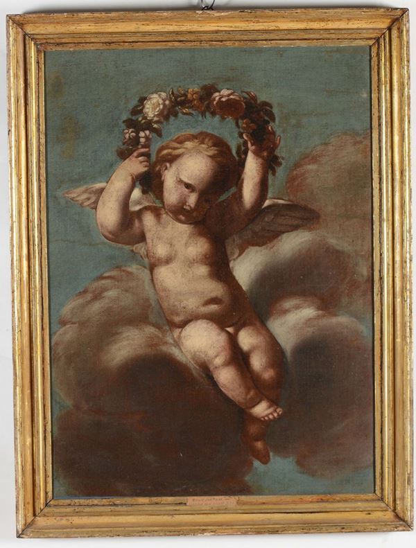 Scuola Italiana del XVII secolo Putto con ghirlanda di fiori