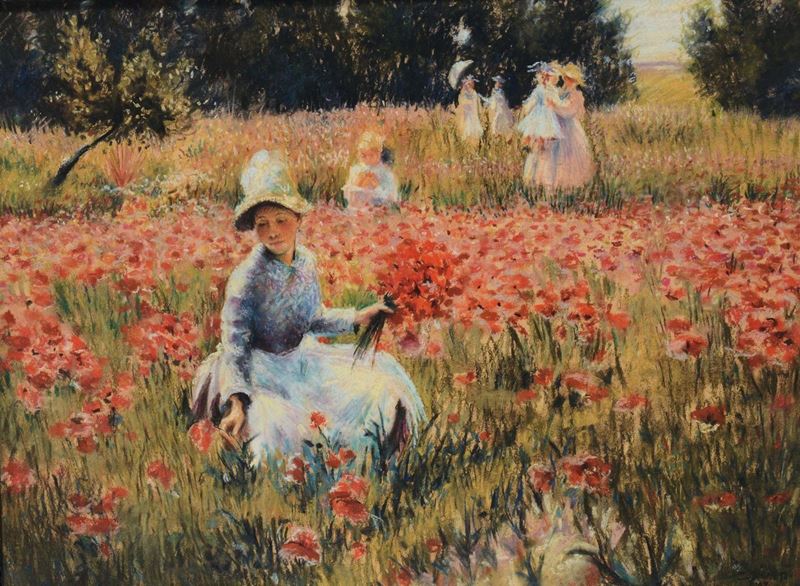 Charles Théodore Bichet (1863-1929) Figure in campo di papaveri, 1907  - Asta Antiquariato - Cambi Casa d'Aste