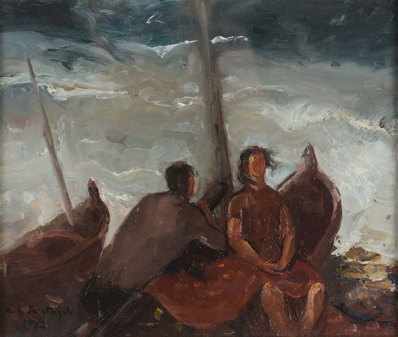 Antonio Giuseppe Santagata (1888-1985) Veduta con figure sulla spiaggia  - Auction Fine Art - Cambi Casa d'Aste