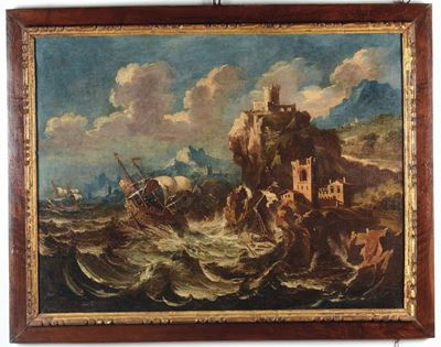 Scuola del XVIII Secolotempesta con Velieri e Castello