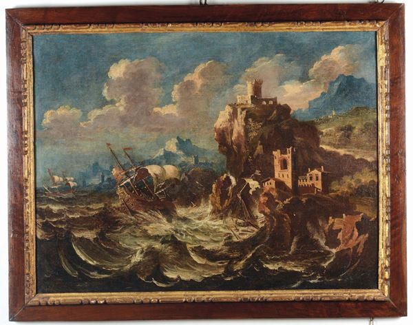 Scuola del XVIII secolo Tempesta con velieri e castello