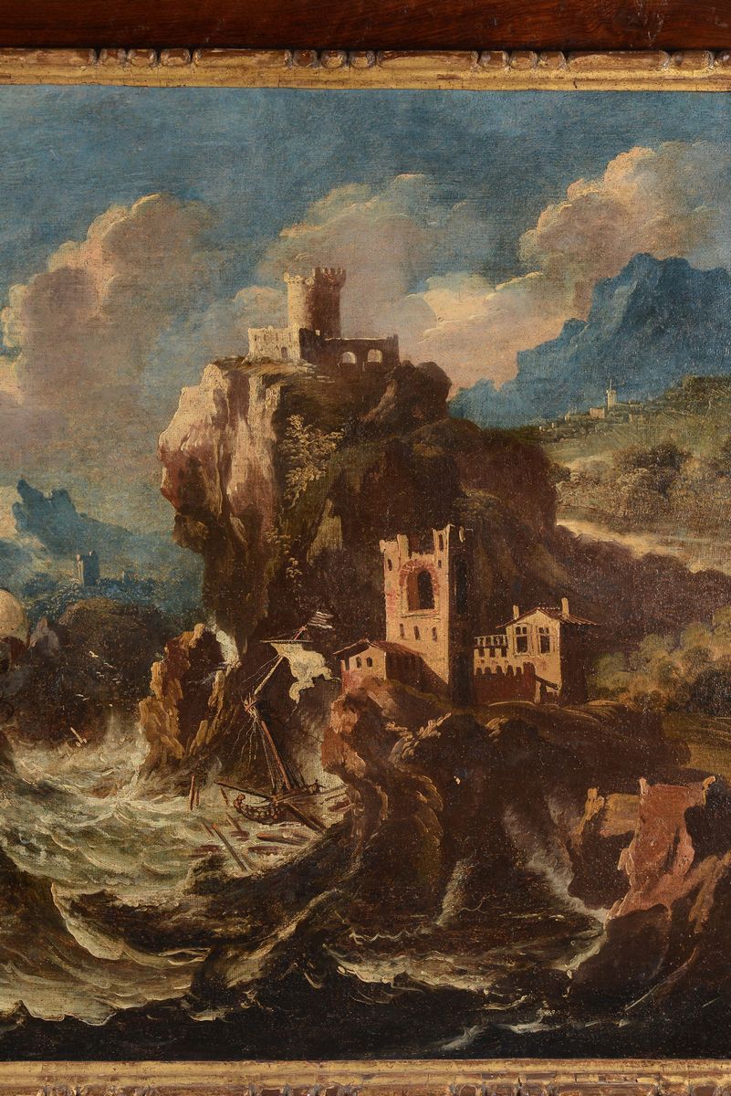 Scuola del XVIII Secolotempesta con Velieri e Castello