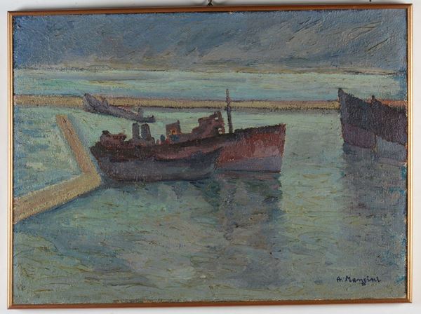 Attilio Mangini (1912-2004) Veduta di porto con imbarcazioni