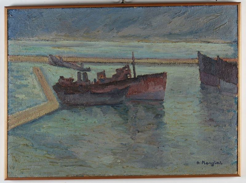 Attilio Mangini (1912-2004) Veduta di porto con imbarcazioni  - Auction Fine Art - Cambi Casa d'Aste