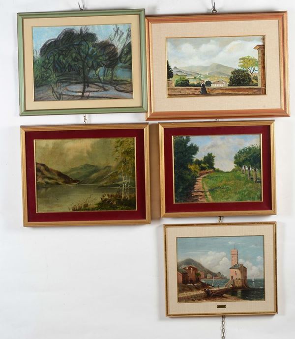 Lotto di cinque dipinti con paesaggi