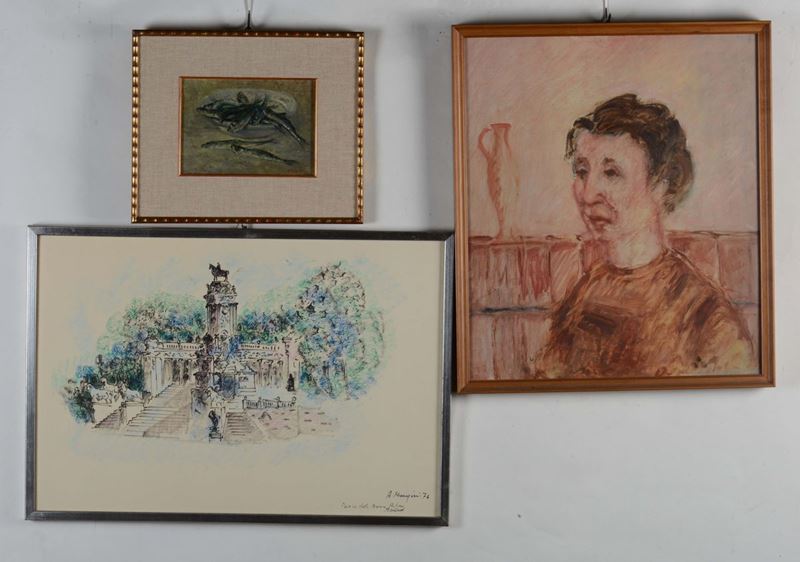 Lotto di due dipinti diversi ed una litografia di Mangini  - Auction Fine Art - Cambi Casa d'Aste
