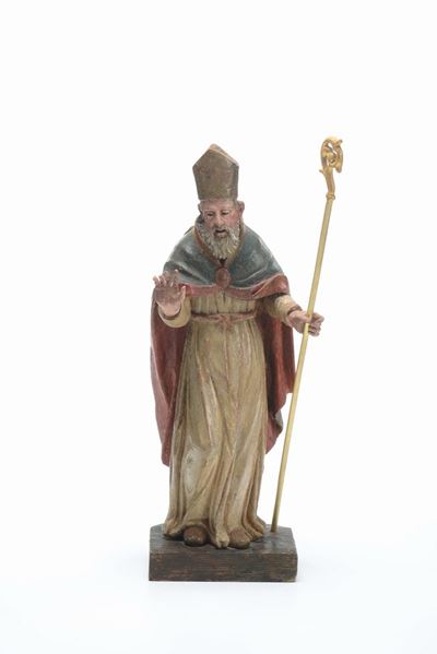 Figura di Vescovo in Legno Laccato in Policromia, XVIII Secolo