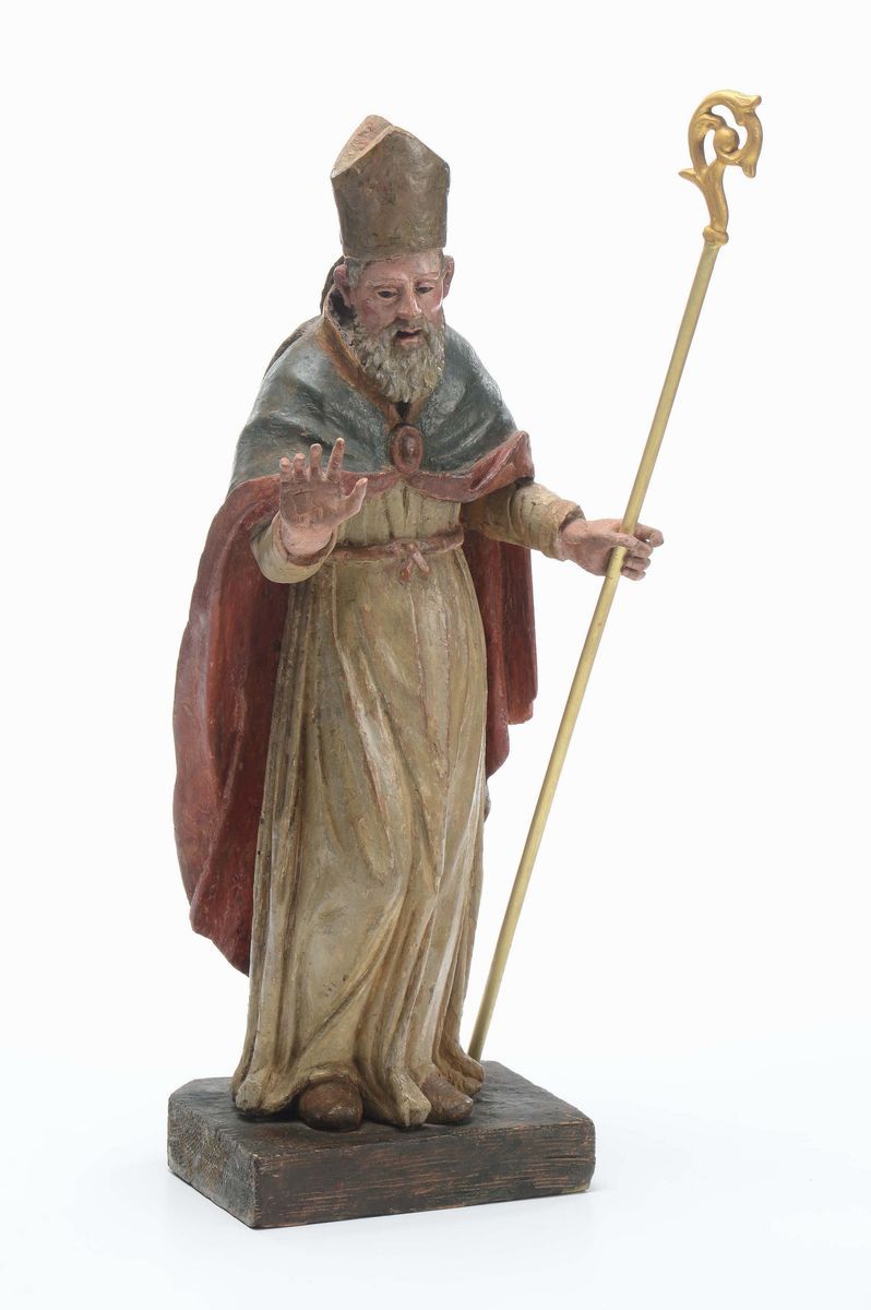 Figura di Vescovo in Legno Laccato in Policromia, XVIII Secolo