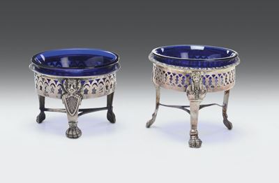 Due Saliere in Argento Fuso, Sbalzato, Traforato, Cesellato e Vetri Blu Cobalto, Genova XIX Secol...