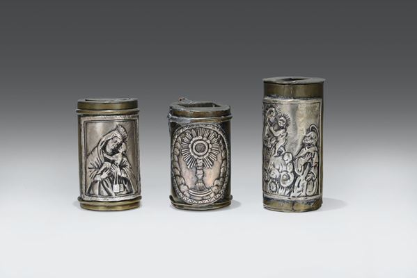 Tre bussoletti per la questua in ottone e placche in argento sbalzato e cesellato, Genova ultimo quarto del XVIII secolo