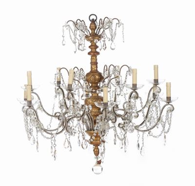 Lampadario in Legno e Cristalli a Otto Fiamme, XIX Secolo