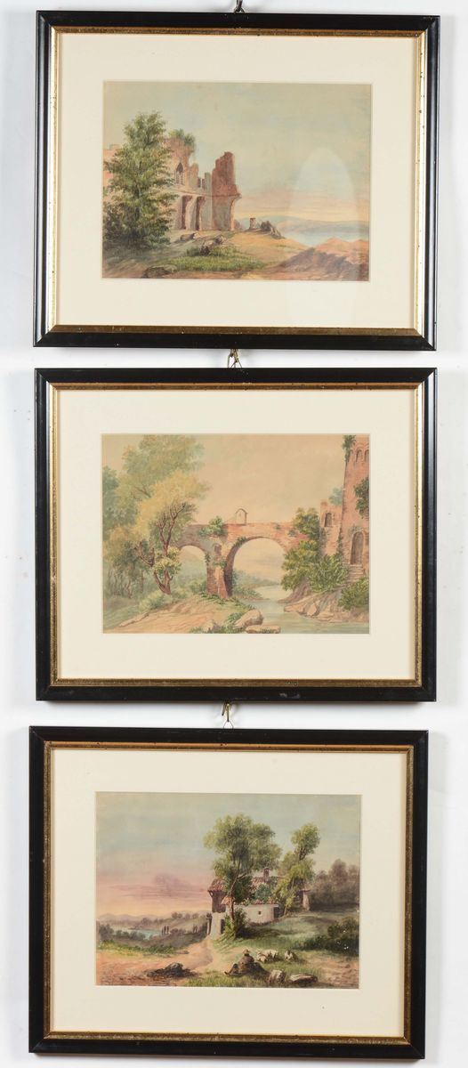 Lotto di tre acquerelli raffiguranti paesaggi toscani, XIX secolo