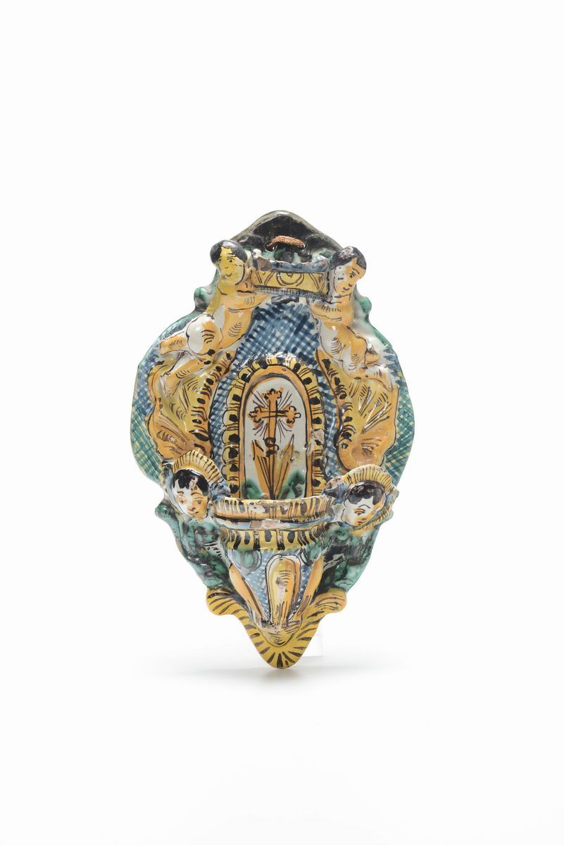 Lotto di Tre Acquasantiere in Maiolica Policroma Tipo Castelli, XIX-XX Secolo