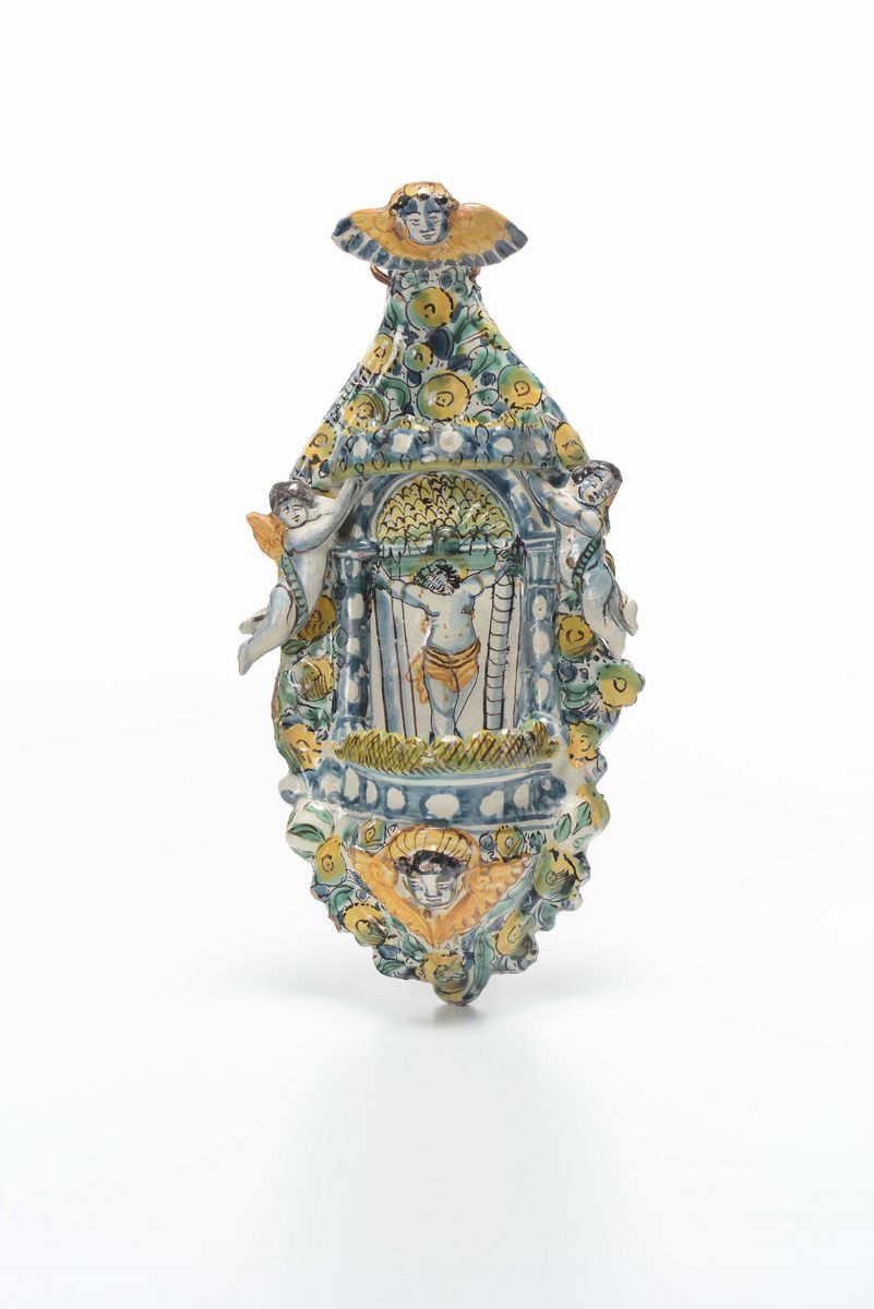 Lotto di Tre Acquasantiere in Maiolica Policroma Tipo Castelli, XIX-XX Secolo