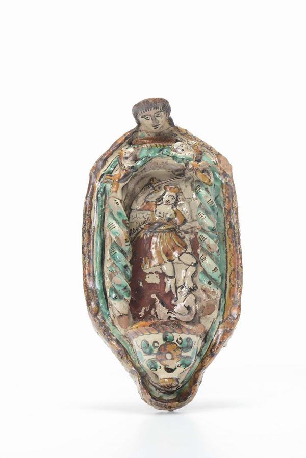 Due acquasantiere in maiolica policroma, XVIII-XIX secolo