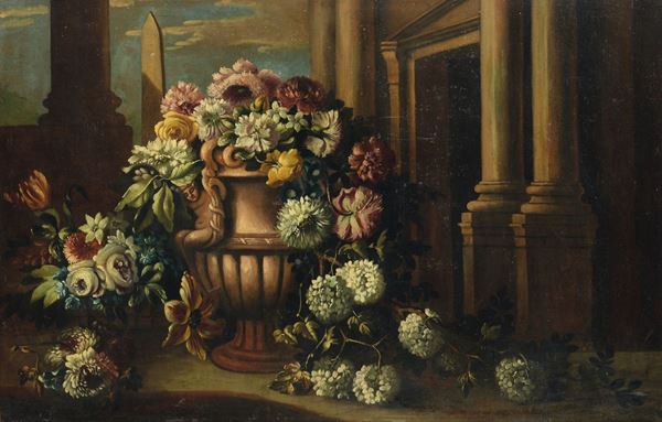 Scuola del XVIII secolo Natura morta con vaso di fiori e architettura