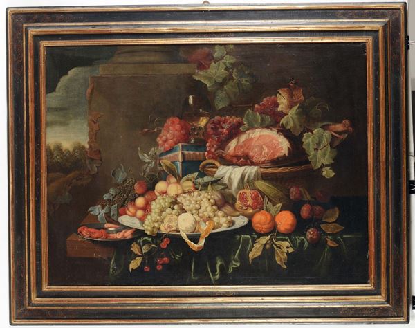 Jan Davidsz de Heem (1606-1684), seguace di Grande natura morta di frutta e fiori