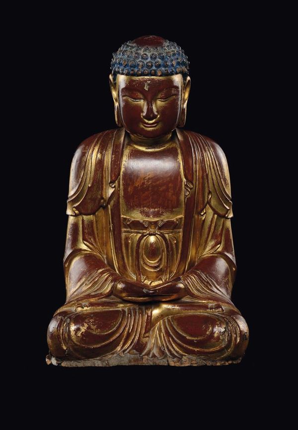 Figura di Buddha seduto in legno laccato e dorato, Cina, Dinastia Qing, XVIII secolo