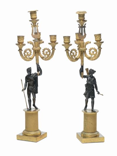 Coppia Candelieri Impero in Bronzo Dorato e Brunito, XIX Secolo