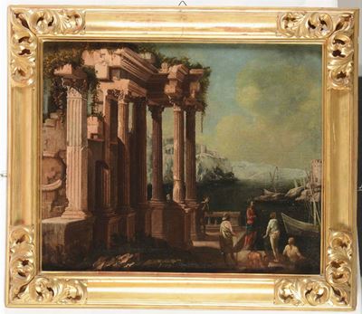 Pittore Romano del XVII Secolocoppia di Vedute con Architetture Classiche con Figure