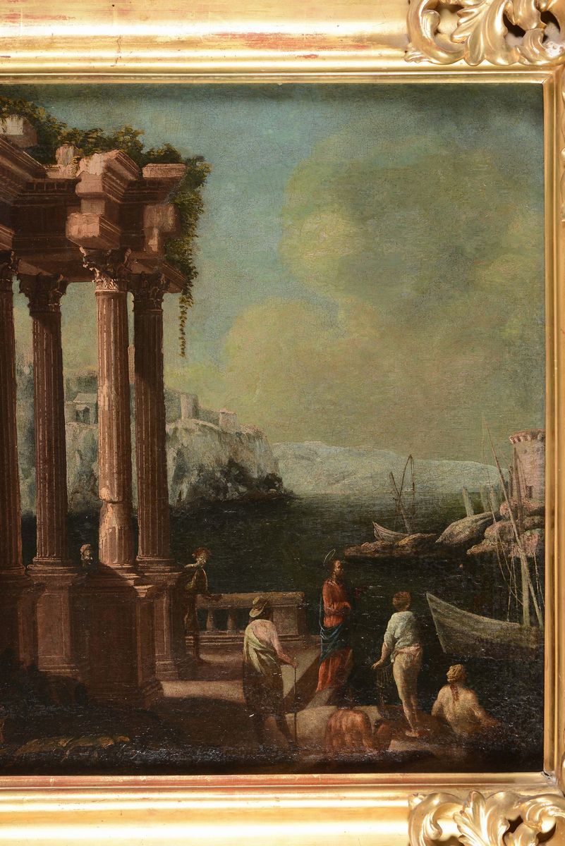 Pittore Romano del XVII Secolocoppia di Vedute con Architetture Classiche con Figure